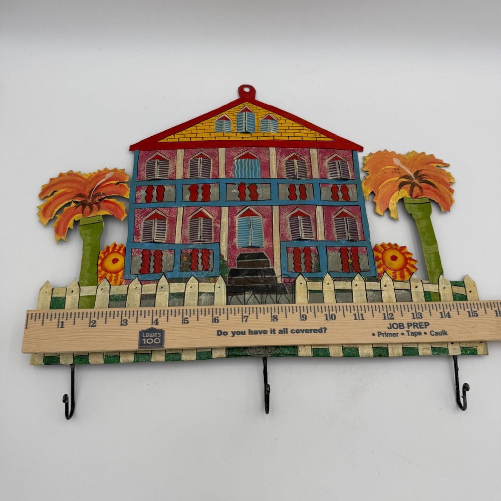 Haitian Metal Folk Art Wall Hanging 3 Hook Key Rack Caribbean House Palm Trees